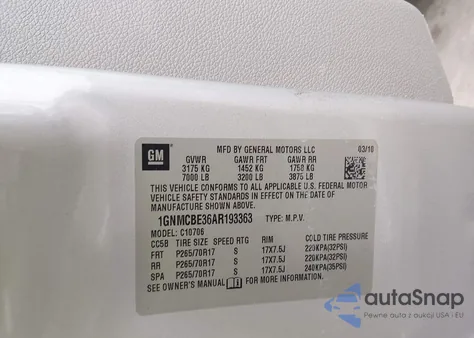 2010 Chevrolet Tahoe Lt z USA, uszkodzony, nr VIN 1GNMCBE36AR193363